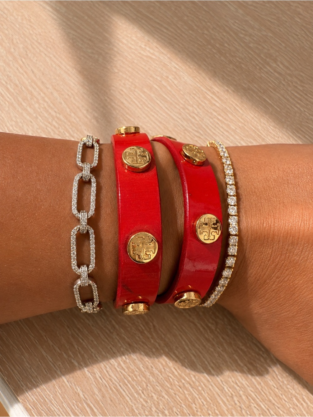 Tory Burch Red Leather Double-Row Logo Bangle Bracelet with Gold Accents
